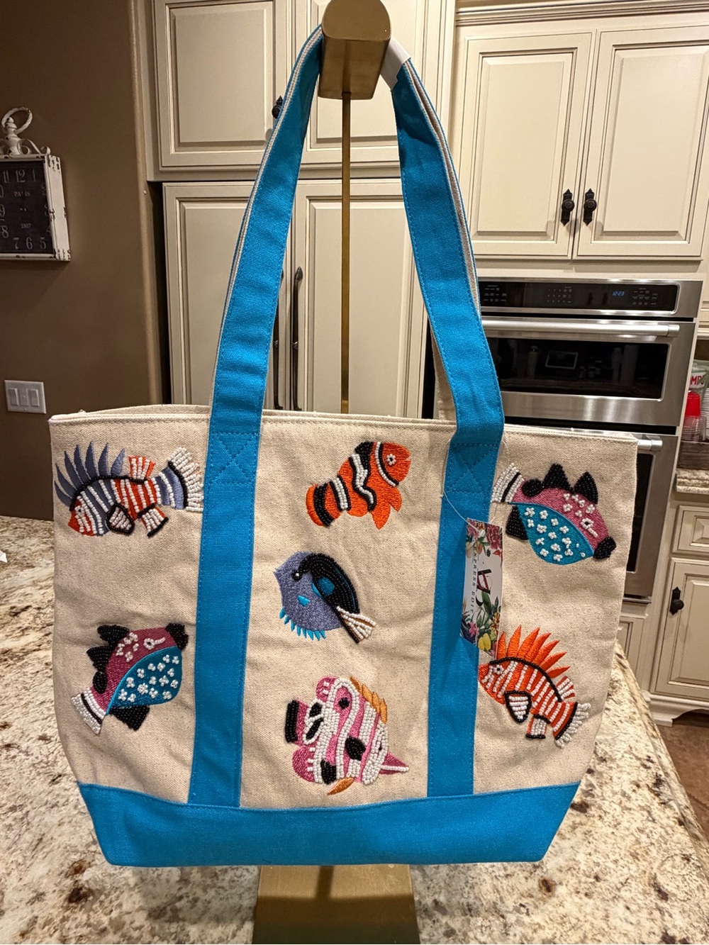 America & Beyond Canvas Tote Bag with Embroidered Fish - Blue Trim